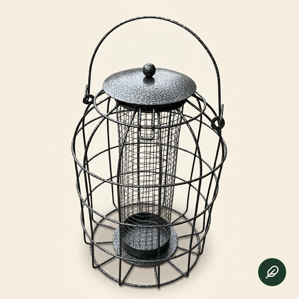 Caged tube bird feeder in Black