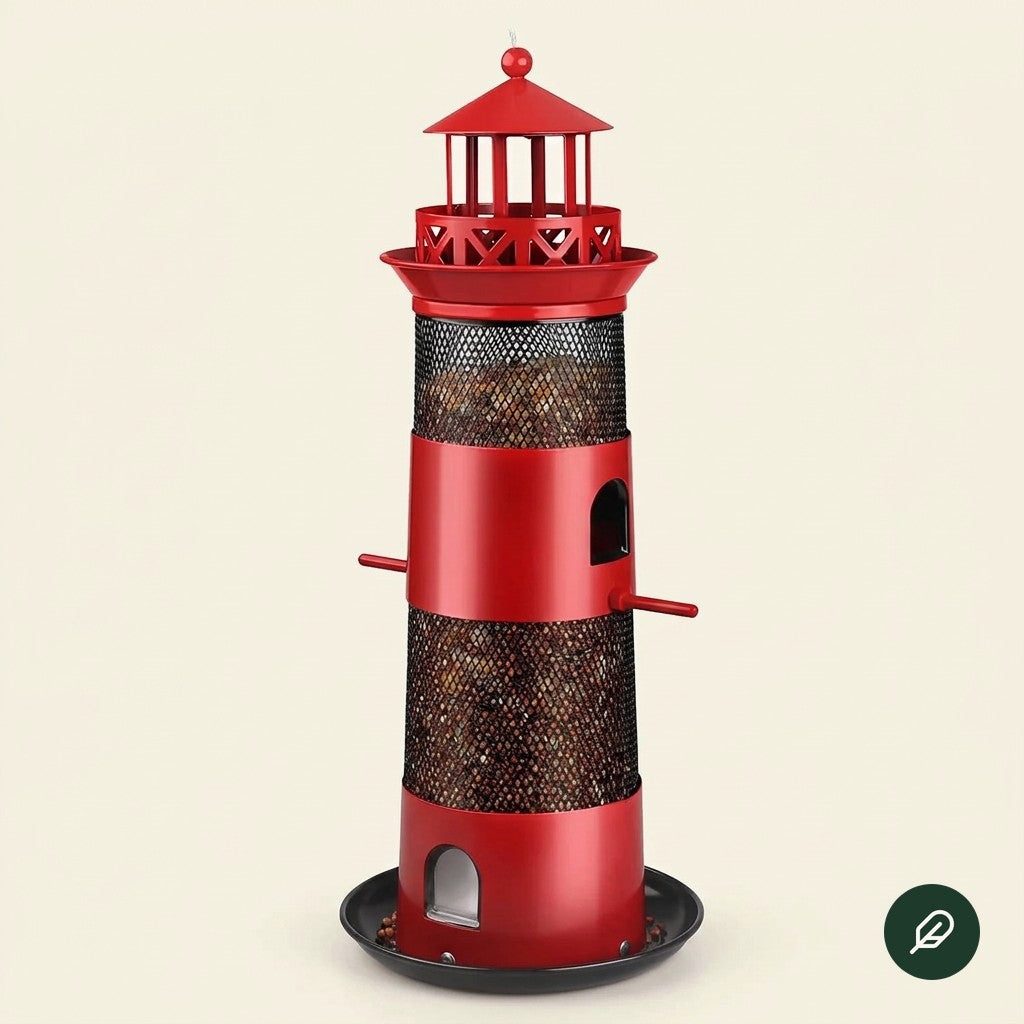 Red and black lighthouse metal seed feeder