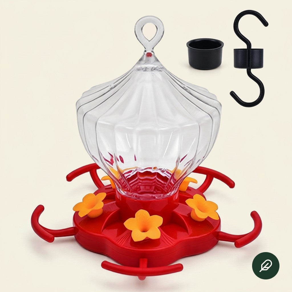 Five-port red hummingbird feeder with ant moat and hanging hook