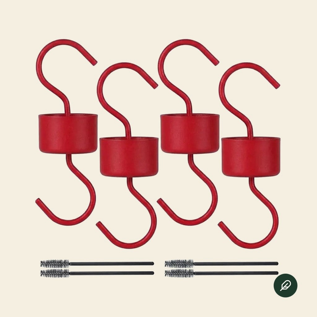 Four red ant moat hooks with cleaning brushes